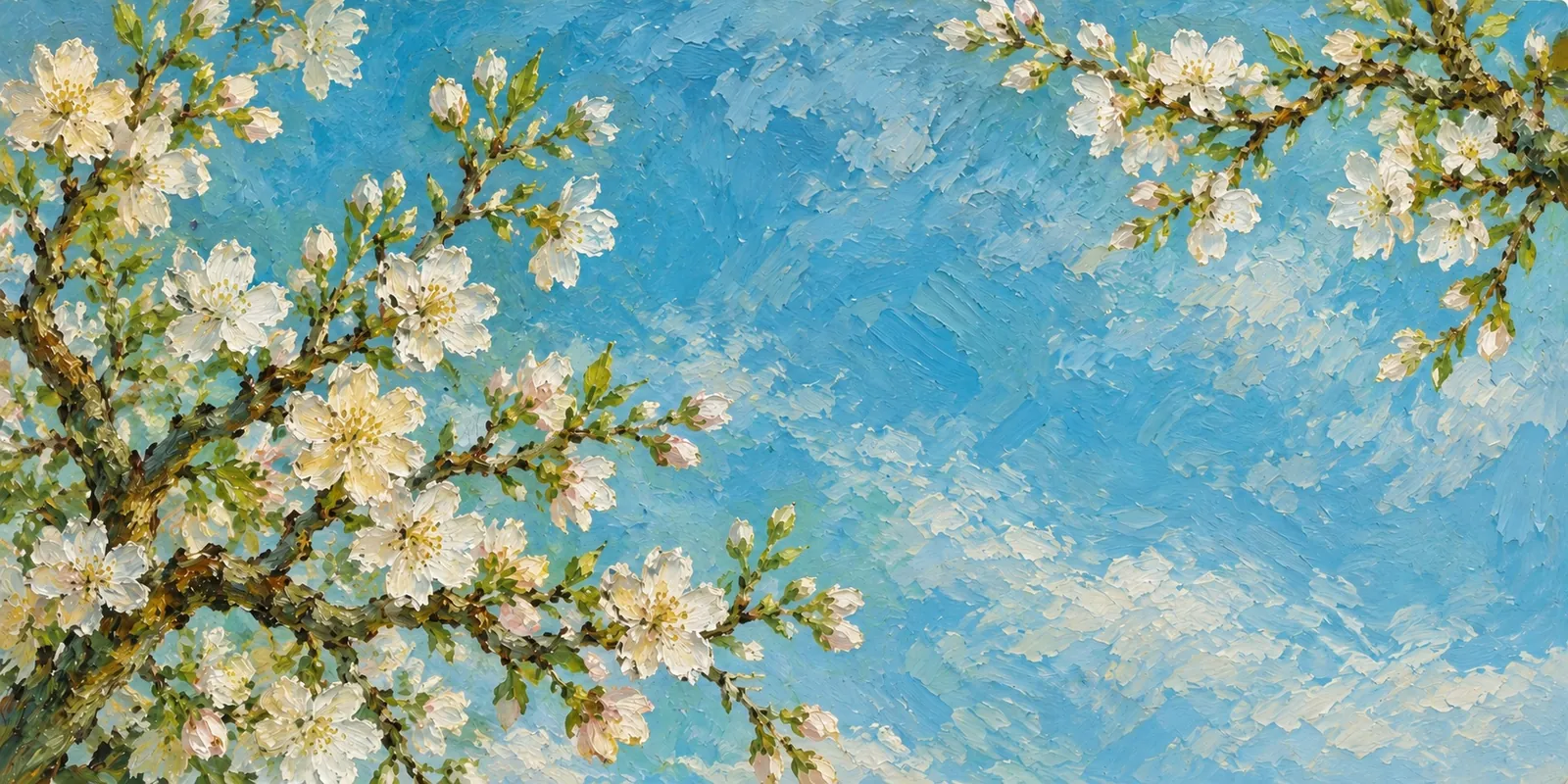 White almond blossoms opening along the branches against a blue sky
